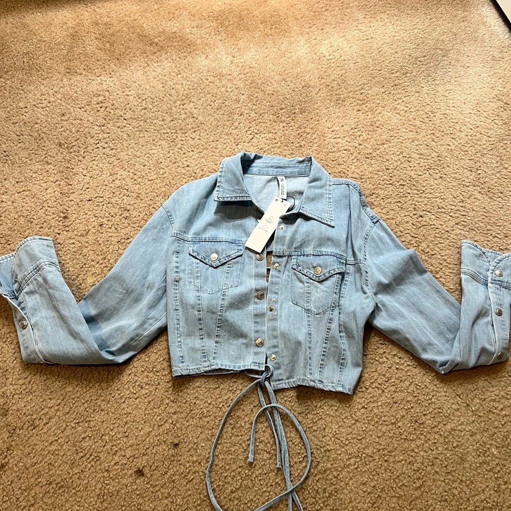 Cropped denim button down shirt